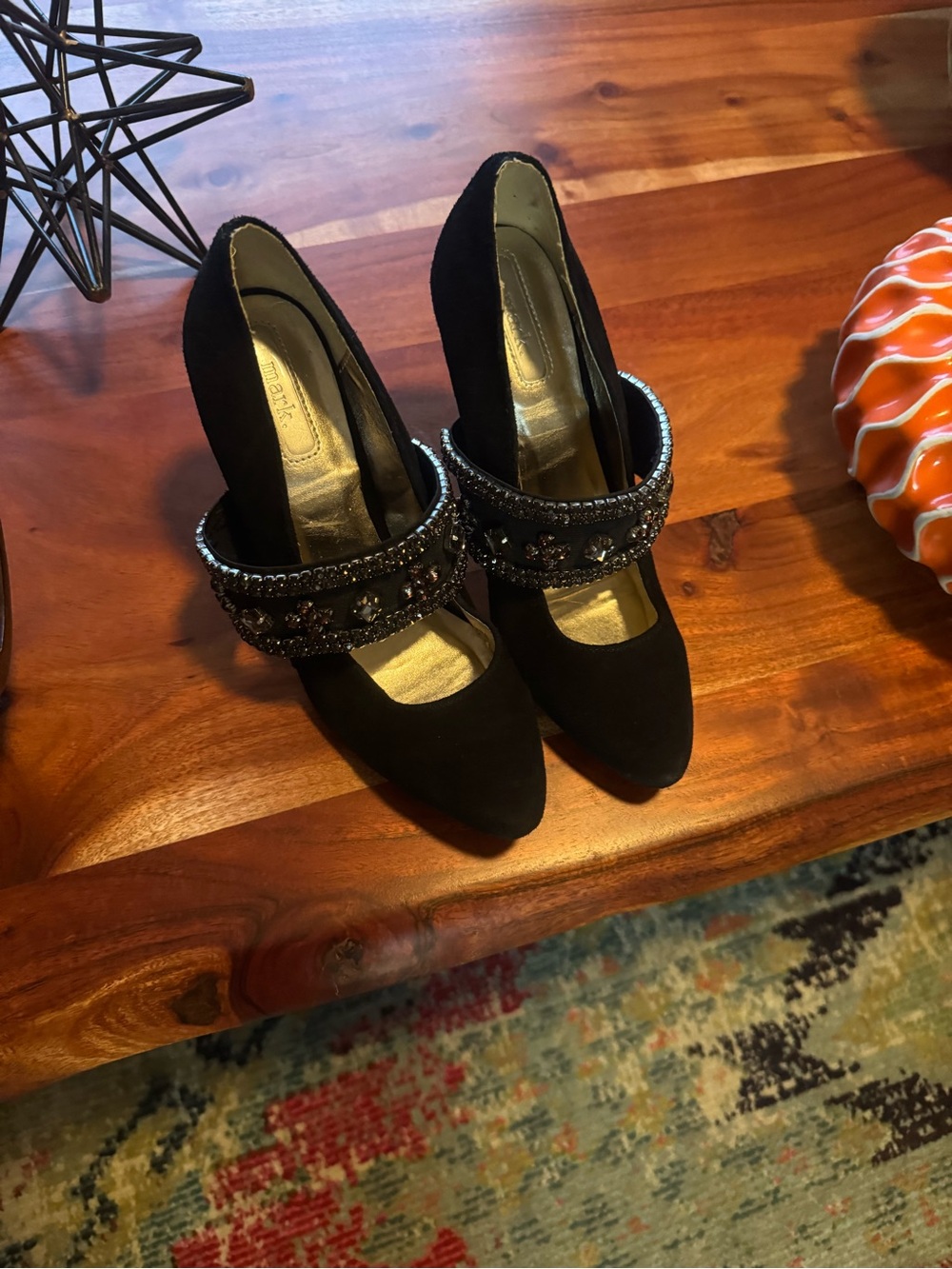 mark. Black Pointed Toe Heels with Jeweled Strap
